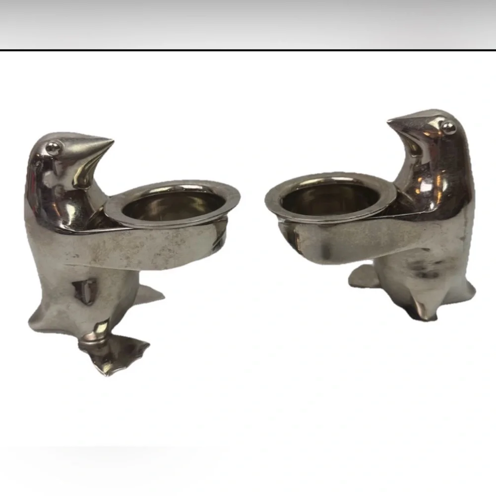 Pair2 Restoration Hardware Silver Plate Penguin Butler Sauce Dish Candle Holder